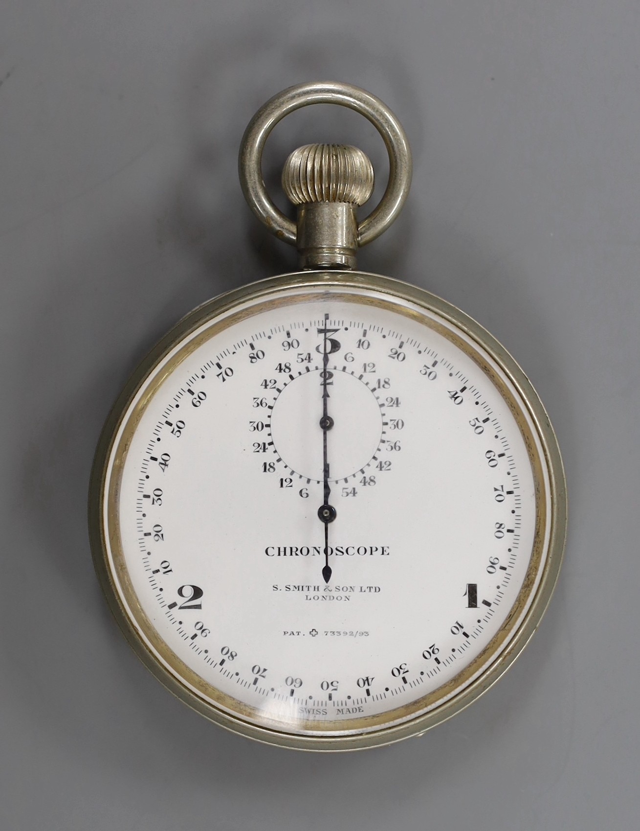 A cased military issue S. Smith & Son Ltd nickel cased chronoscope (chronograph), case back engraved with broad arrow and No. 252-368, case diameter 57mm